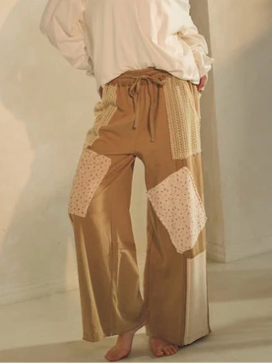 Oddi Pants - Casual Wide-Leg Patchwork Lounge Pants in Camel